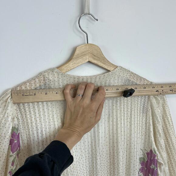 Vintage Mr. Edward S / M Cream Cottagecore Midi Dress Plunge V Neck Pleated Purp - Picture 9 of 10